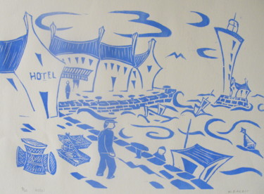 Gravures & estampes intitulée "hotel.jpg" par Noël Barbot, Œuvre d'art originale, Linogravures