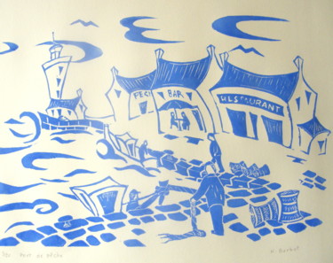 Gravures & estampes intitulée "port-de-peche.jpg" par Noël Barbot, Œuvre d'art originale, Linogravures