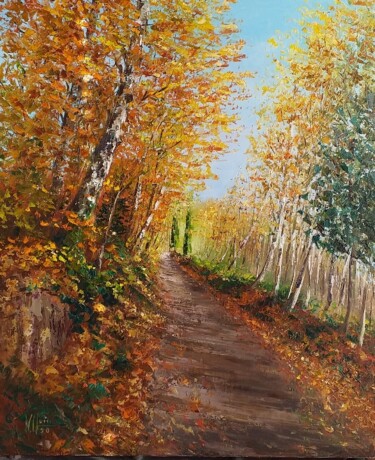Painting titled "Chemin de Boulaie" by Noelle Huin, Original Artwork, Oil Mounted on Wood Stretcher frame