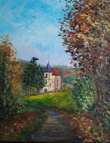 Painting titled "Eglise de Saint Sau…" by Noelle Huin, Original Artwork, Oil Mounted on Cardboard