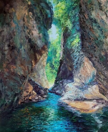 Painting titled "Les gorges de Toulo…" by Noelle Huin, Original Artwork, Oil Mounted on Wood Stretcher frame
