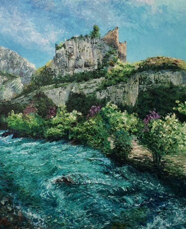Painting titled "Ruines du château d…" by Noelle Huin, Original Artwork, Oil Mounted on Wood Stretcher frame
