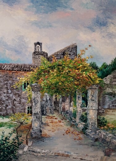 Painting titled "Abbaye de Saint Hil…" by Noelle Huin, Original Artwork, Oil Mounted on Wood Stretcher frame