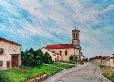 Painting titled "Laronxe village de…" by Noelle Huin, Original Artwork, Oil Mounted on Wood Stretcher frame
