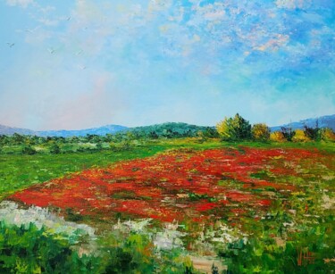 Painting titled "Pavots dans le Vauc…" by Noelle Huin, Original Artwork, Oil Mounted on Wood Stretcher frame