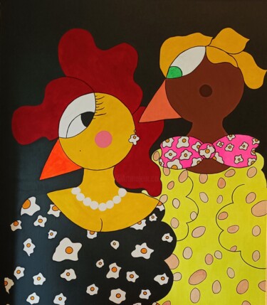 Painting titled "So Chic Chicken" by Noëlle Kaddar, Original Artwork, Acrylic Mounted on Wood Stretcher frame