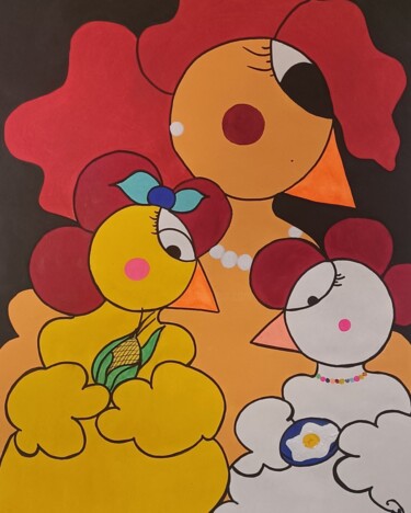 Painting titled "Maman Poule" by Noëlle Kaddar, Original Artwork, Acrylic Mounted on Glass