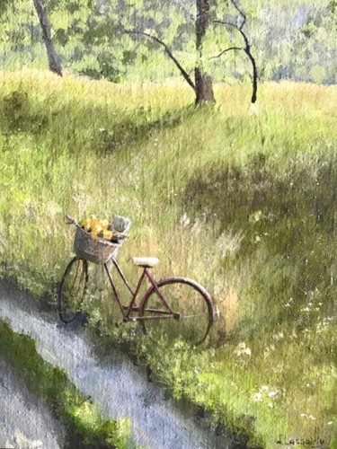Painting titled "A bicyclette" by Noëlle Lassailly, Original Artwork, Acrylic