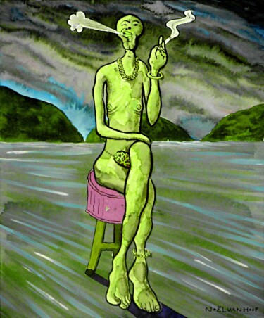 Pintura titulada "The Last Smoker" por Noël Van Hoof, Obra de arte original, Acuarela