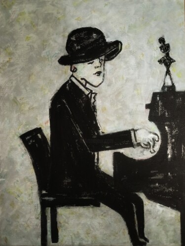 Malerei mit dem Titel "Le pianiste au chap…" von Noham Rudisuhli, Original-Kunstwerk, Acryl