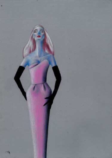 Drawing titled "Pink Dress" by Noir, Original Artwork, Pencil