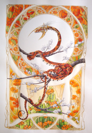 Peinture intitulée "Zodiaque : Serpent" par Aka, Œuvre d'art originale, Aquarelle