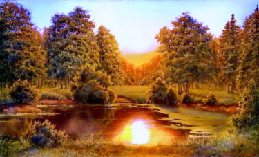 Картина под названием "Лесной пруд. Утро" - Юрий Ярцев, Подлинное произведение искусства, Масло