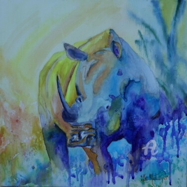 Painting titled "Rhinocéros1" by Tatiana Le Metayer, Original Artwork, Watercolor Mounted on Wood Stretcher frame