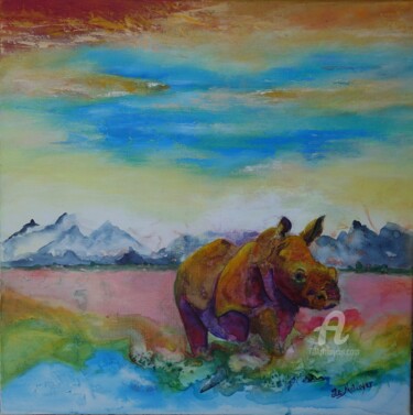 Peinture intitulée "Petit rhinocéros" par Tatiana Le Metayer, Œuvre d'art originale, Huile