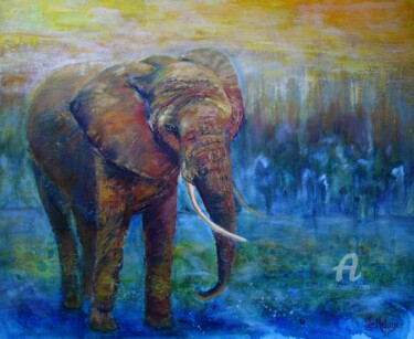 Pittura intitolato "Eléphant d'Afrique" da Tatiana Le Metayer, Opera d'arte originale, Olio Montato su Telaio per barella in…
