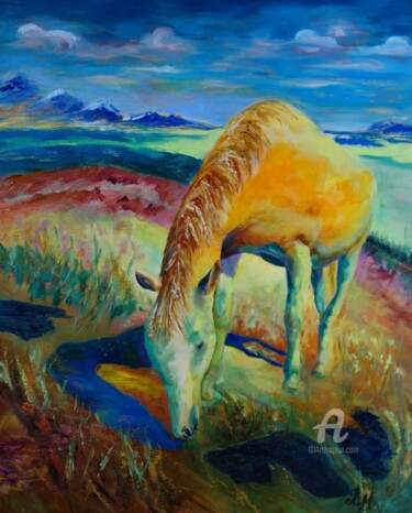 Painting titled "Vikie Colored horse…" by Tatiana Le Metayer, Original Artwork, Oil Mounted on Wood Stretcher frame