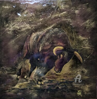 Painting titled "Bull animal" by Tatiana Le Metayer, Original Artwork, Acrylic Mounted on Wood Stretcher frame