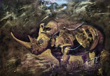 Schilderij getiteld "Rhinocéros sur toile" door Tatiana Le Metayer, Origineel Kunstwerk, Inkt Gemonteerd op Frame voor houte…