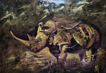 Pintura intitulada "Rhinocéros sur toile" por Tatiana Le Metayer, Obras de arte originais, Tinta Montado em Armação em madei…