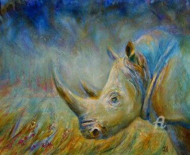 Painting titled "Rhinocéros" by Tatiana Le Metayer, Original Artwork, Oil Mounted on Wood Stretcher frame