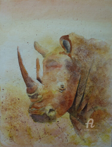 Painting titled "Rhinoceros animal p…" by Tatiana Le Metayer, Original Artwork, Watercolor