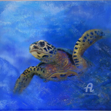 Painting titled "Sea turtle painting" by Tatiana Le Metayer, Original Artwork, Pastel Mounted on Cardboard