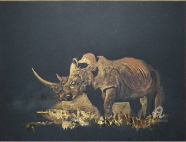 Peinture intitulée ""Rhinocéros"" par Tatiana Le Metayer, Œuvre d'art originale, Encre