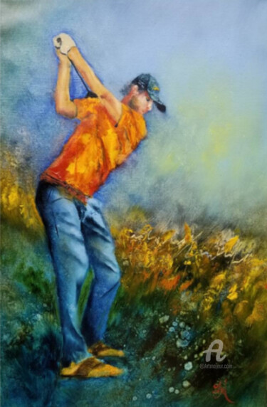 Painting titled "Golfeur" by Tatiana Le Metayer, Original Artwork, Oil Mounted on Wood Stretcher frame