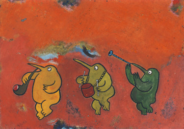 Malerei mit dem Titel "The Bald Beak Trio" von Denis Aleksandrovich, Original-Kunstwerk, Gouache