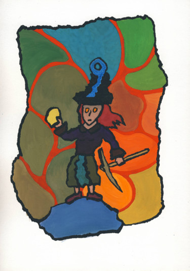 Картина под названием ""Гном-девочка с клю…" - Денис Александрович, Подлинное произведение искусства, Гуашь