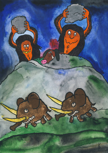 Картина под названием ""Охота на мамонтов"" - Денис Александрович, Подлинное произведение искусства, Гуашь