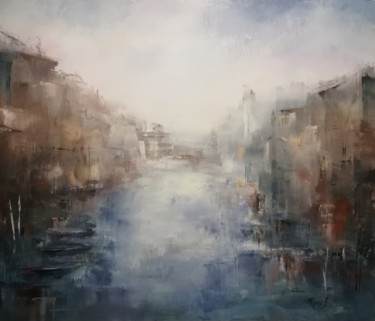 Pittura intitolato "La città sul fiume" da Nora Ferriani, Opera d'arte originale, Olio