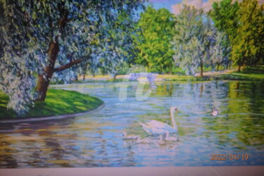 Painting titled "Le cygne qui nous e…" by Norbert Siest, Original Artwork, Oil Mounted on Wood Stretcher frame
