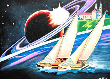Painting titled "Spaceboat" by Norbert Szük, Original Artwork, Acrylic Mounted on Wood Stretcher frame