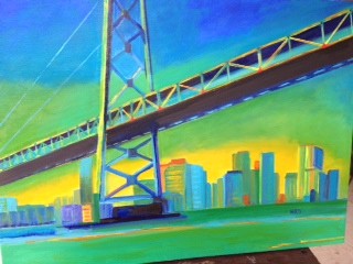 Картина под названием "Oakland Bay Bridge" - Noreen Schumann, Подлинное произведение искусства, Масло