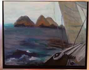 Painting titled "Race to Farollones" by Noreen Schumann, Original Artwork, Oil