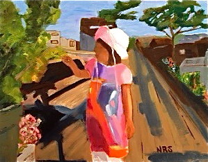 Peinture intitulée "Pink hat on the dock" par Noreen Schumann, Œuvre d'art originale, Huile