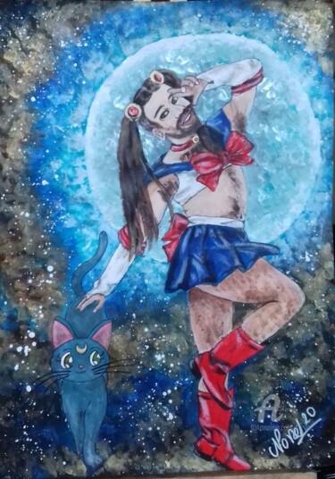 Painting titled "Cat moon" by Norel, Original Artwork, Acrylic