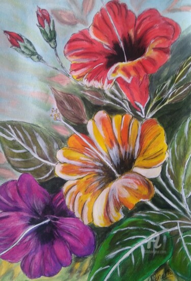 Painting titled "Les hibiscus" by Norel, Original Artwork, Acrylic
