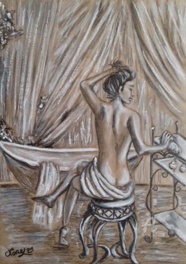Drawing titled "Dos feminin" by Norel, Original Artwork, Charcoal