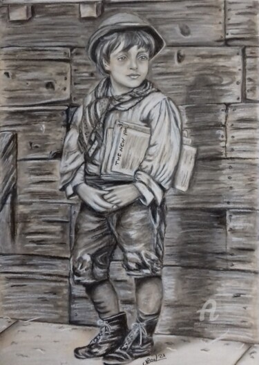 Drawing titled "Le petit livreur de…" by Norel, Original Artwork, Charcoal
