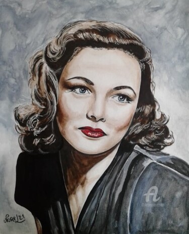 Painting titled "Gene Tierney" by Norel, Original Artwork, Watercolor