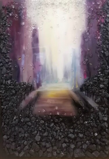 Malerei mit dem Titel "Rain in the city" von Galina Kolomenskaya, Original-Kunstwerk, Collagen