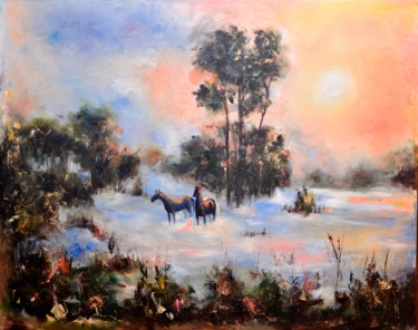 Schilderij getiteld "Туман и кони.   Fog…" door Galina Kolomenskaya, Origineel Kunstwerk, Olie