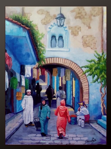 Ζωγραφική με τίτλο "Ruelle Bleue" από Abdelhadi Nouaiti, Αυθεντικά έργα τέχνης, Λάδι