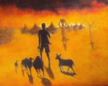 Peinture intitulée "le retour du berger" par Noufou Kabore, Œuvre d'art originale