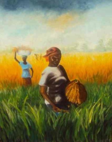 Peinture intitulée "la moisson du riz" par Noufou Kabore, Œuvre d'art originale