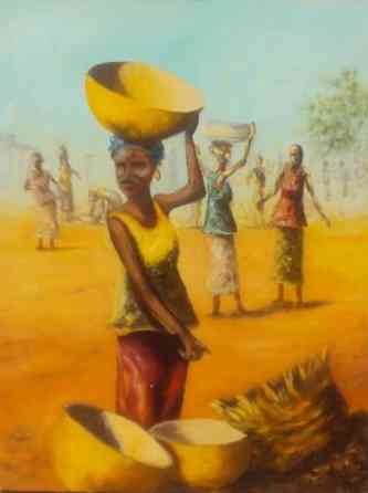 Peinture intitulée "au marché 2" par Noufou Kabore, Œuvre d'art originale