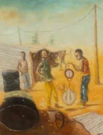 Peinture intitulée "commerce de fer" par Noufou Kabore, Œuvre d'art originale